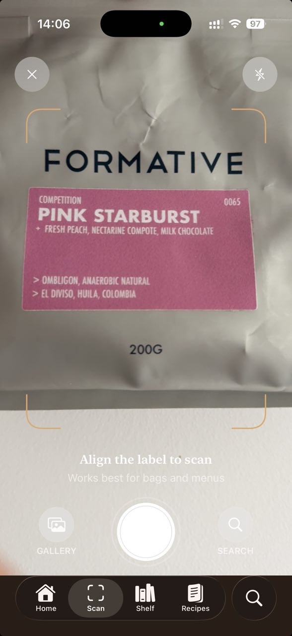 The scan screen framing a Formative Pink Starburst bag.